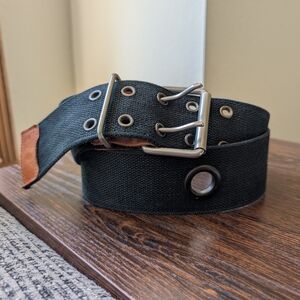 GAP Wide Black Canvas Brown Leather Double Prong Buckle Grommet Belt